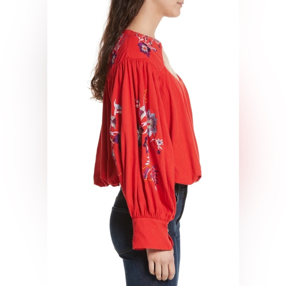 Free People Red Floral Embroidered Blouse
